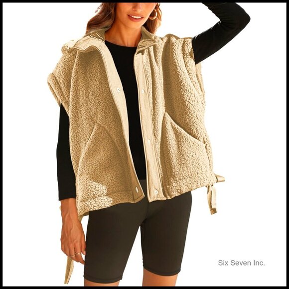 Jackets & Blazers - Sherpa Fleece Vest Oversized Boxy Silhouette Casual Warm Button Front Pockets